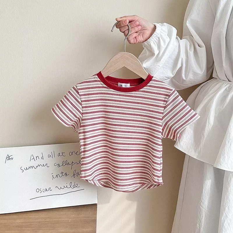 兒童夏季TOURNIECO 美式復古撞色條紋短袖T恤