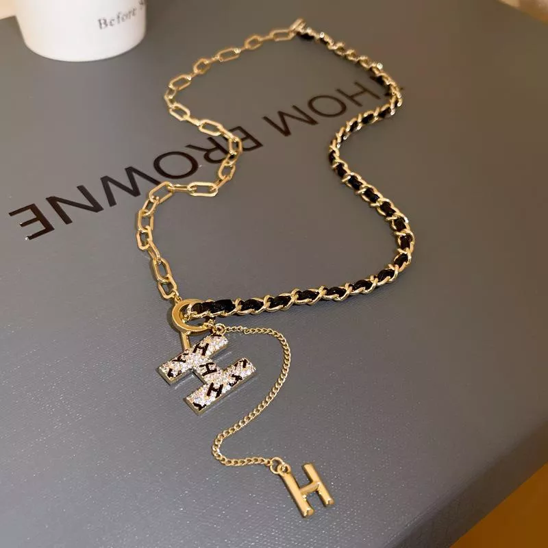 韓國東大門飾品氣質字母H皮革纏繞T字扣流蘇項鍊