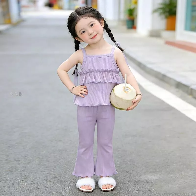 女童韓系清新綠條紋背心＋木耳邊喇叭褲套裝