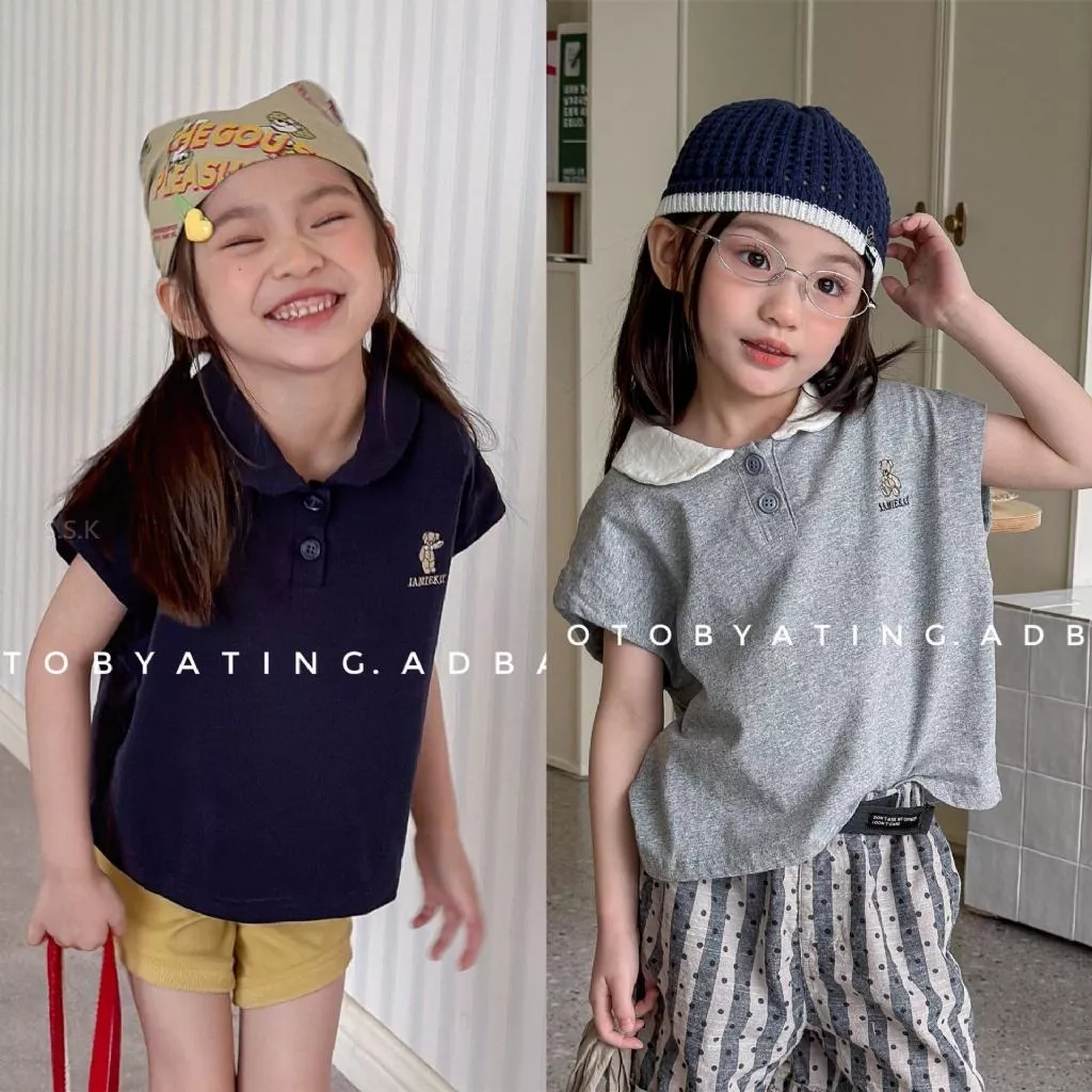 兒童夏季韓系氣質翻領刺繡POLO上衣