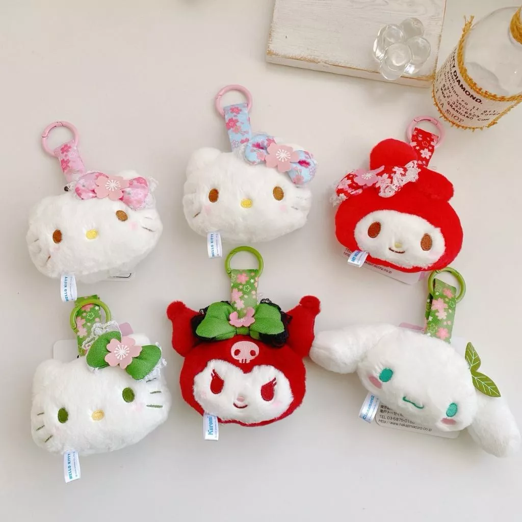 日貨 正版授權 三麗鷗抹茶櫻花系列絨毛大頭鑰匙圈