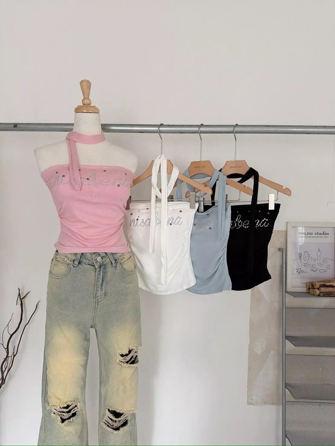 Y2K小辣妹  鉚釘燙鑽抹胸+繞脖