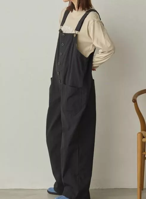 SANS SOUCI｜日本．牛仔工裝褲｜日系寬鬆排釦吊帶連身褲 寬褲