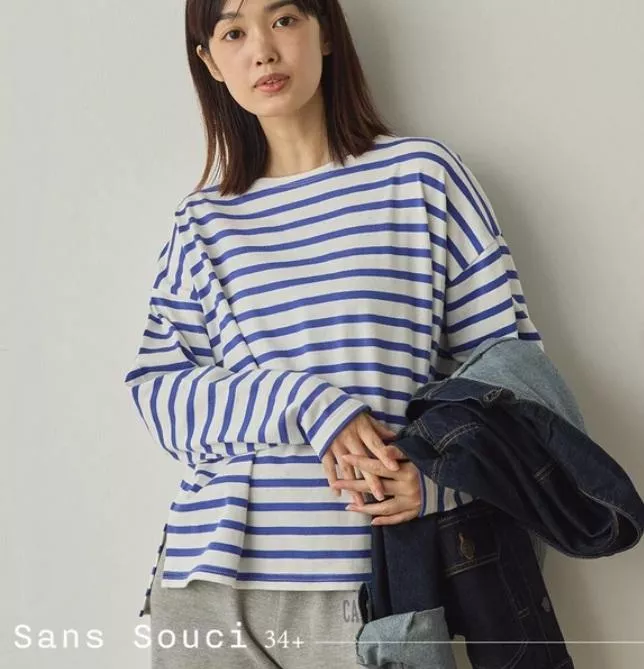 Sans Souci 34+｜日本直送．開衩款 條紋長袖上衣 寬版條紋T恤