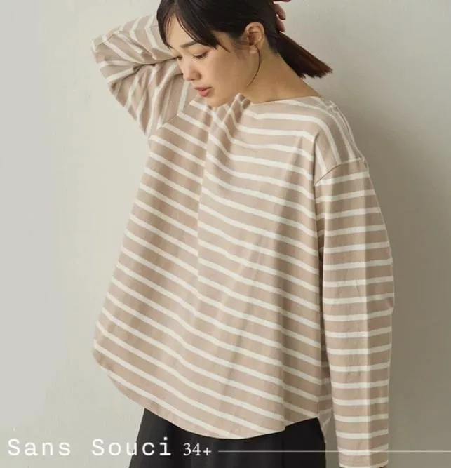 Sans Souci 34+｜日本．圓弧款 條紋長袖上衣 下擺圓弧  寬鬆百搭 必備單品