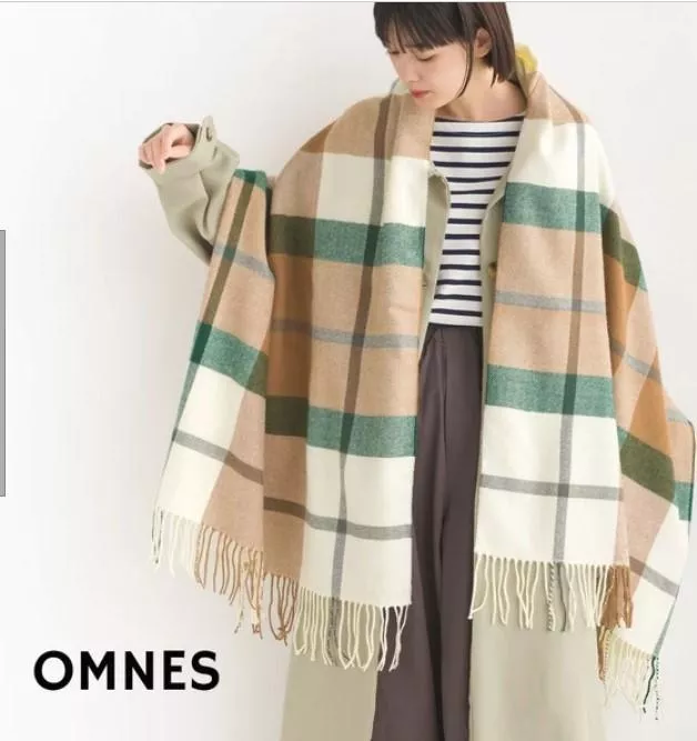 OMNES｜日本直送．大格紋流蘇披肩圍巾 羊毛混紡圍巾 日系格紋大判圍巾
