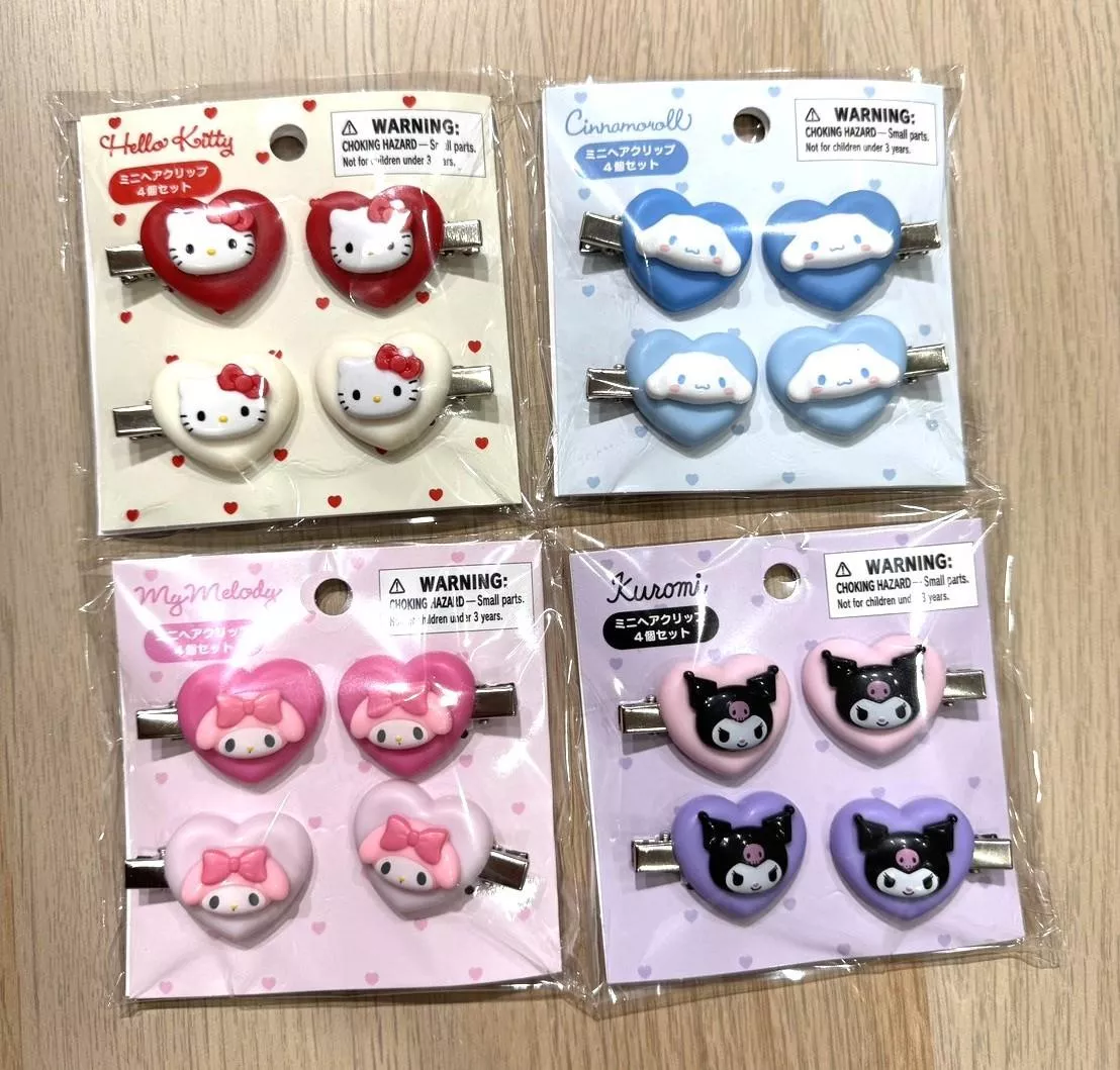Sanrio｜日本進口．三麗鷗愛心造型髮夾 4入組 Kitty / 美樂蒂 / 大耳狗 / 酷洛米