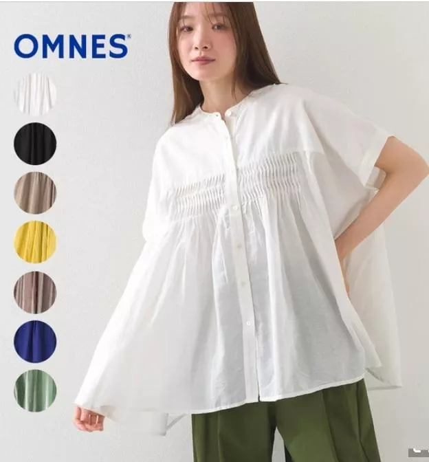 日本代購｜OMNES 棉質薄紗 皺褶設計 寬版上衣 顯瘦傘狀短袖襯衫 夏季必備 日系穿搭