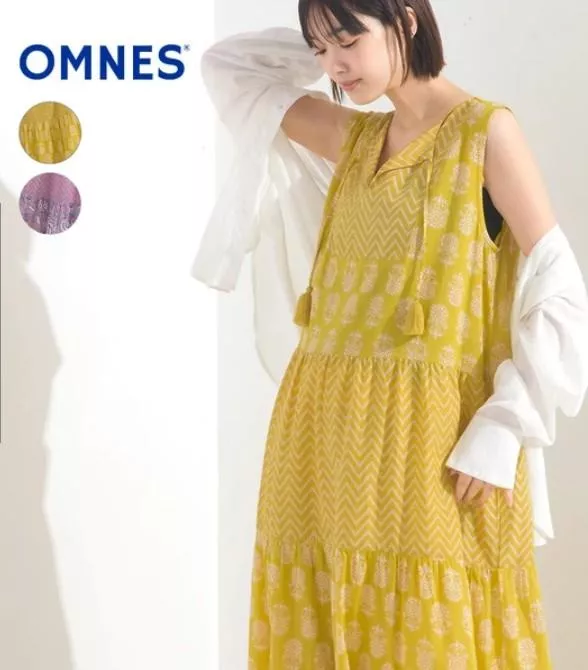 日本代購｜OMNES 日系印花長洋裝 度假風無袖洋裝 V領寬鬆顯瘦長裙