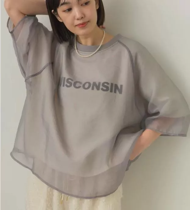 日本代購｜Sans Souci 34+ 透膚拼接上衣 顯瘦寬鬆短袖T 層次感薄款上衣 字母T 層次穿搭
