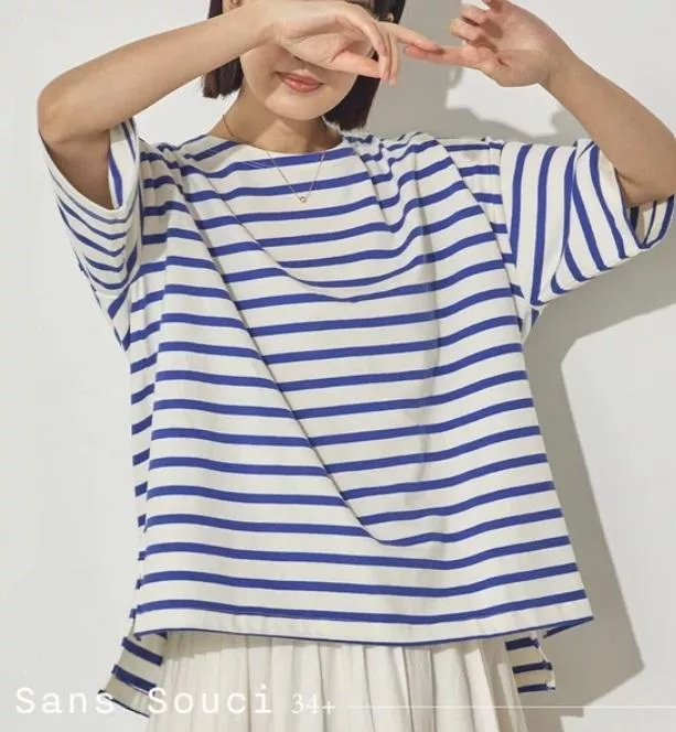 日本代購｜Sans Souci 34+ 條紋寬版短袖上衣 寬鬆百搭 顯瘦圓領T恤