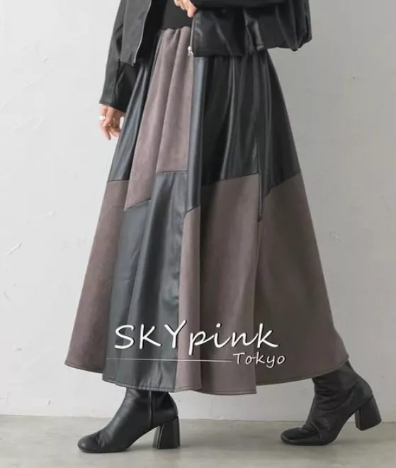 日本代購｜Deux Amour 日系拼接皮革感長裙 高腰鬆緊異材質A字裙 溫柔大人感