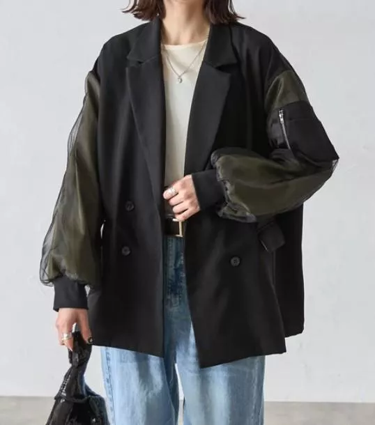 日本代購｜Deux Amour 日系設計感拼接透紗西裝外套 雙排扣