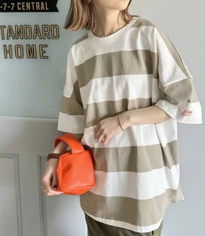 日本代購｜Classical Elf / JAVA 日系寬版條紋五分袖上衣 落肩顯瘦大地色 T恤 春夏休閒