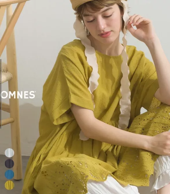 日本代購｜OMNES 刺繡蕾絲寬版短袖長版上衣
