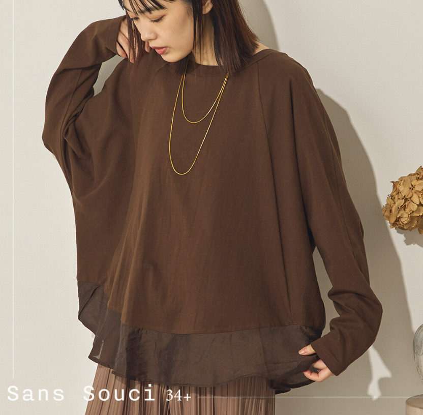 日本代購｜Sans Souci 34+ 透紗拼接下襬寬鬆長袖上衣　日系層次感圓領上衣