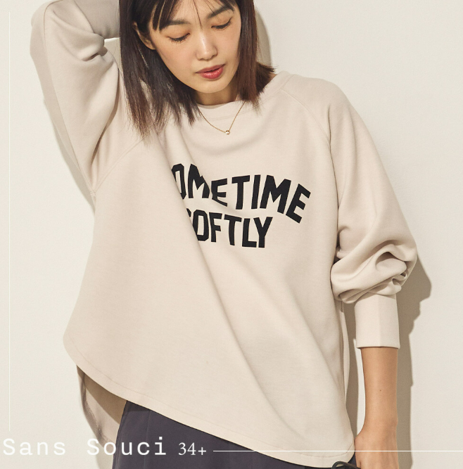 日本代購｜Sans Souci 34+ 英文字母印花寬鬆大學T 日系圓領落肩長袖上衣