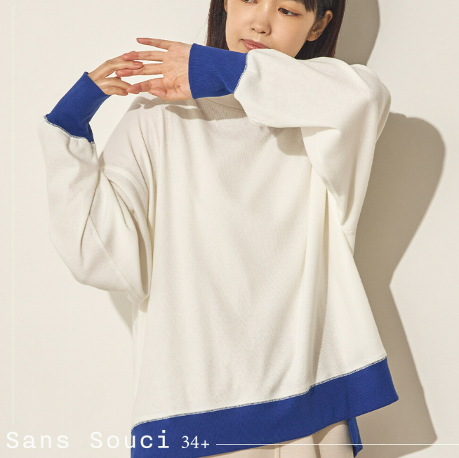 日本代購｜Sans Souci 34+ 日系撞色拼接長袖上衣 寬鬆落肩圓領大學T