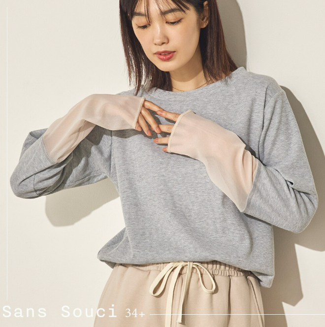 日本代購｜Sans Souci 34+ 日系透膚薄紗拼接長袖上衣 圓領寬鬆休閒T恤