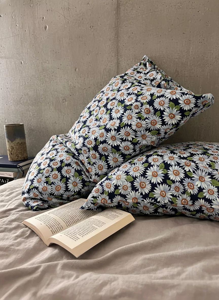 日式雛菊枕頭套2入-藍底