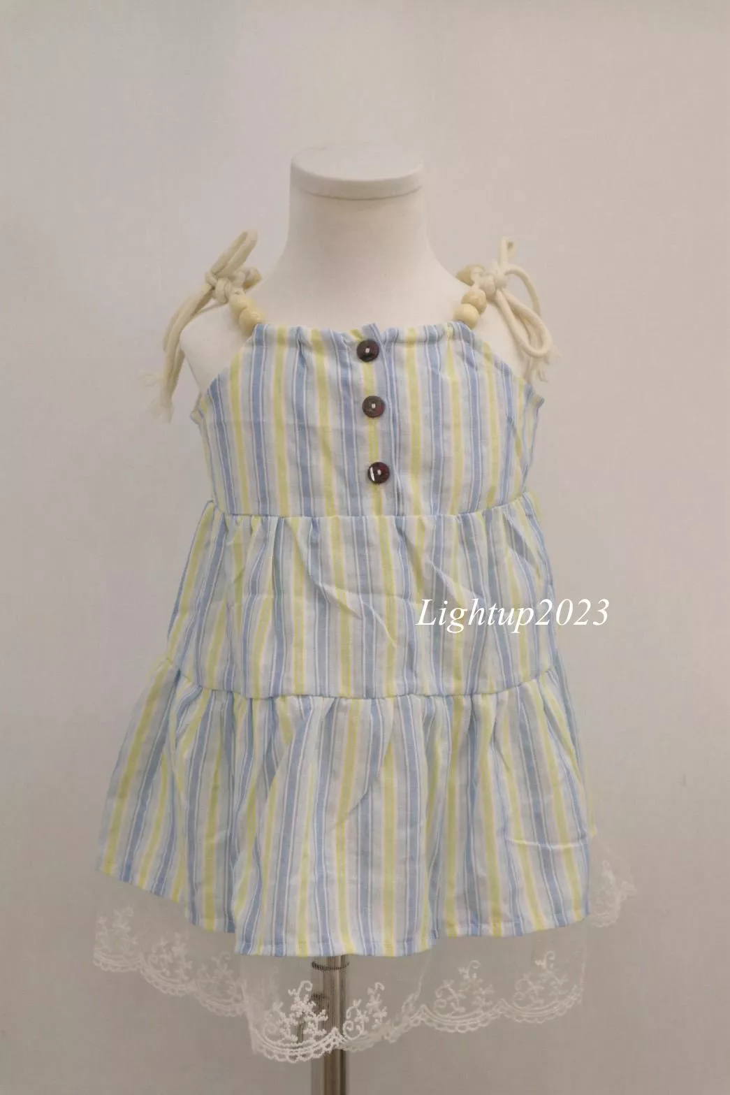 藍色竪條花邊洋裝