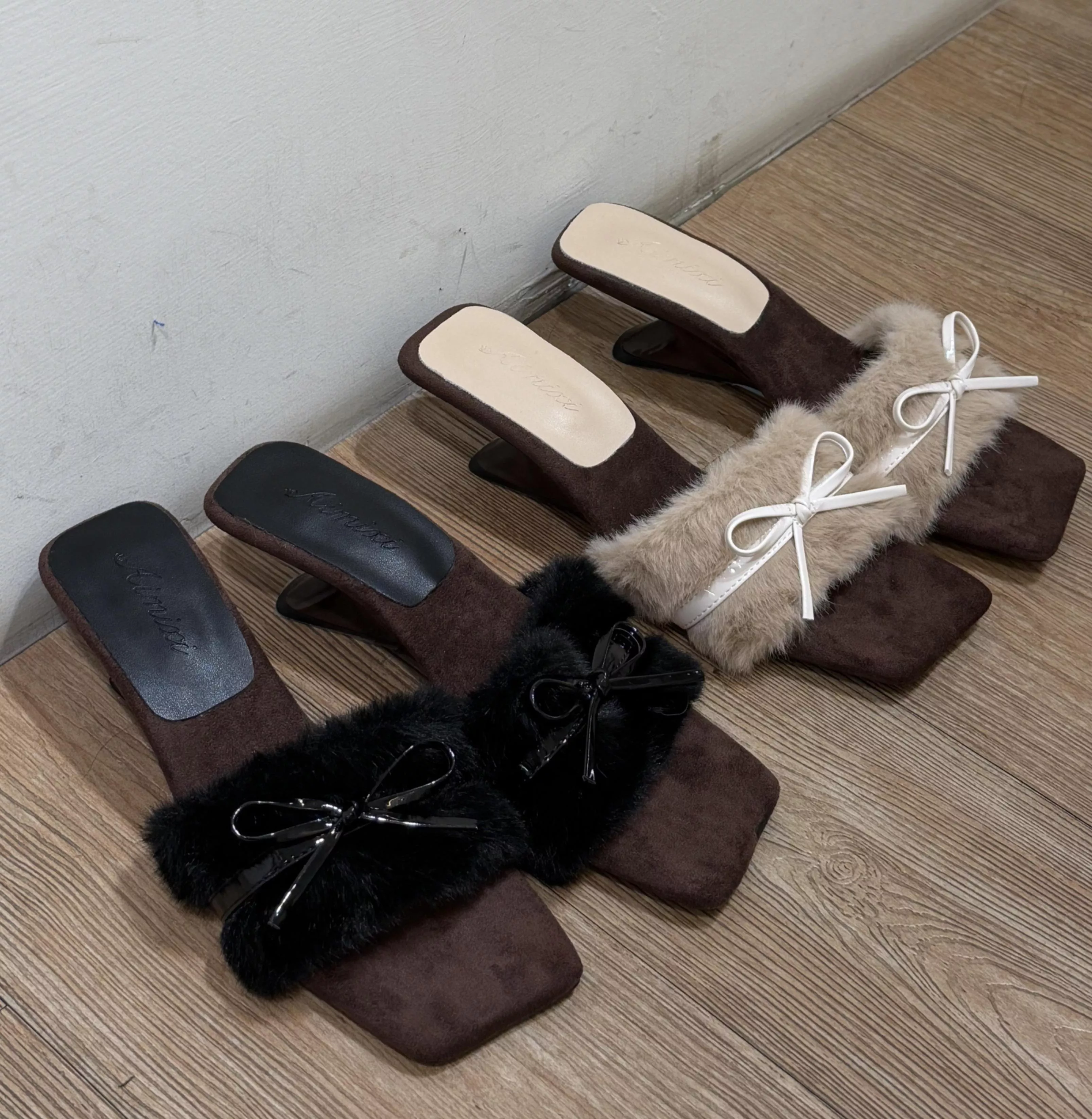 蝴蝶結慵懶毛毛坡跟拖鞋