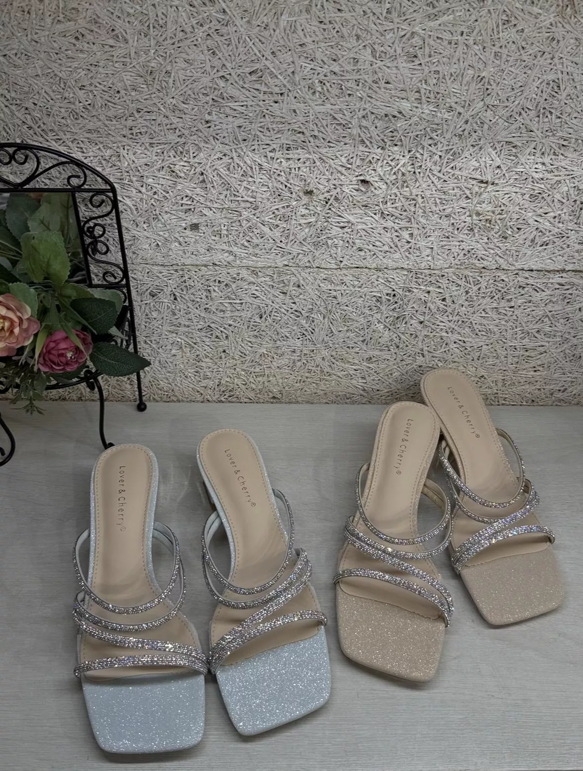 方頭彩鑽低跟拖鞋