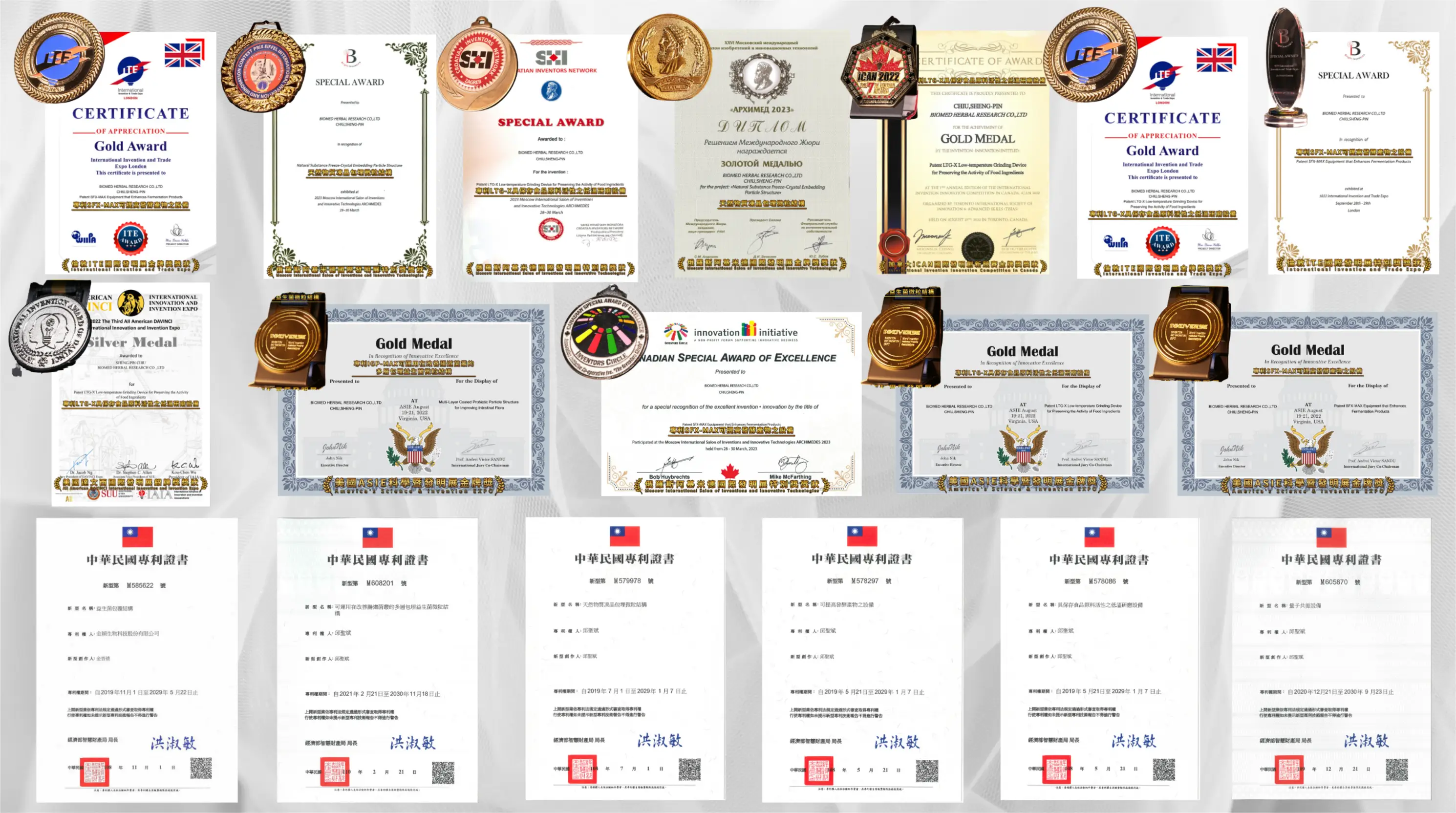 L&L 益生菌專業認證與榮譽：包含 ITE、IWIS、iCAN 多項國際發明獎金牌，以及多份中華民國專利證書