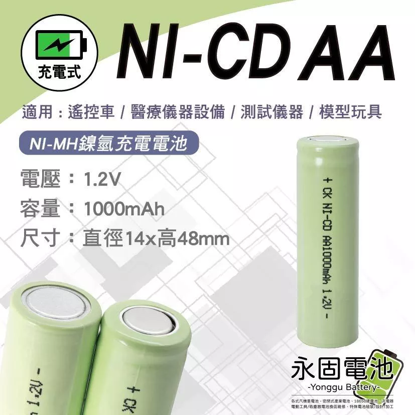 「永固電池」 NI-CD AA 1000mAh 1.2V 鎳鎘電池 充電式電池 Nickel-cadmium