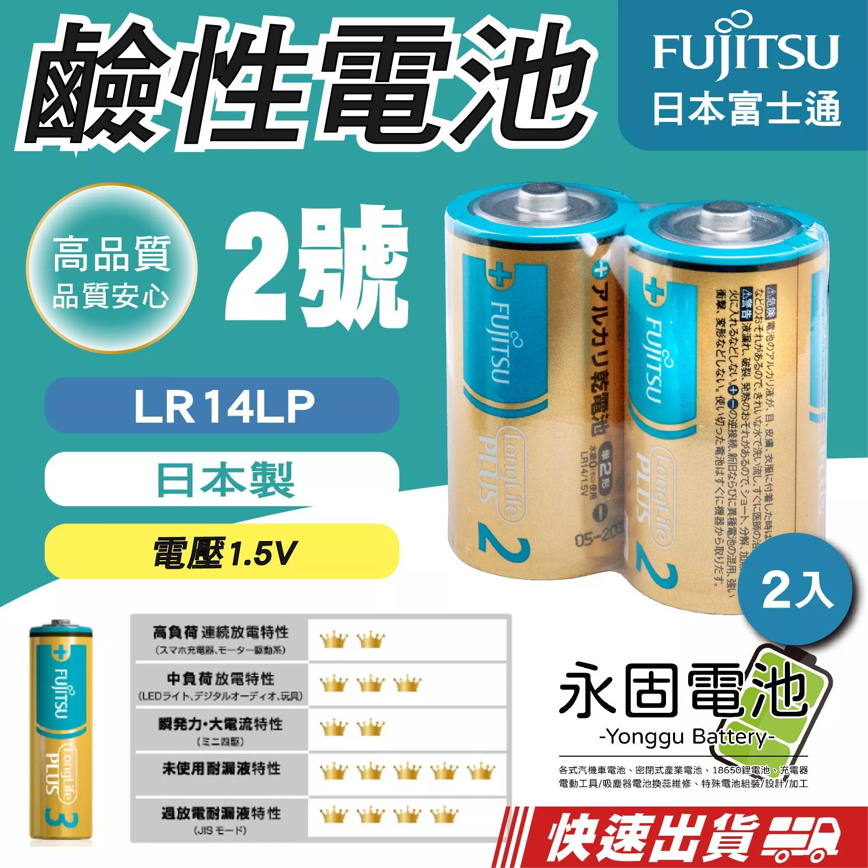 「永固電池」FUJITSU 富士通 LR14LP 2號 C 日本製 日本富士通 鹼性電池 一次性電池 ( 2入/組 )