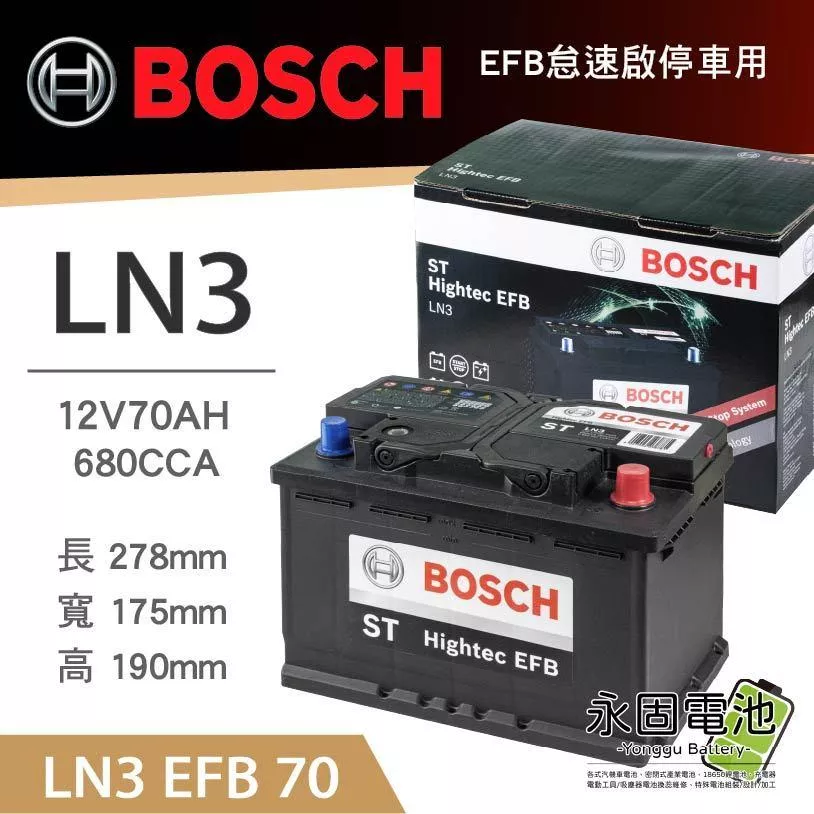 「永固電池」BOSCH LN3 EFB 70AH 680CCA 汽車電池 怠速啟停 鉛酸電瓶 免保養 韓國製