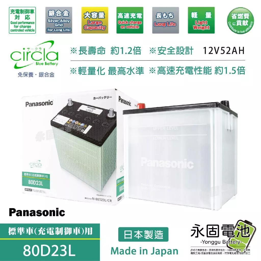 「永固電池」Panasonic 80D23L 80D23R 國際牌 汽車電池 12V52AH 充電制御 銀合金 日本原裝
