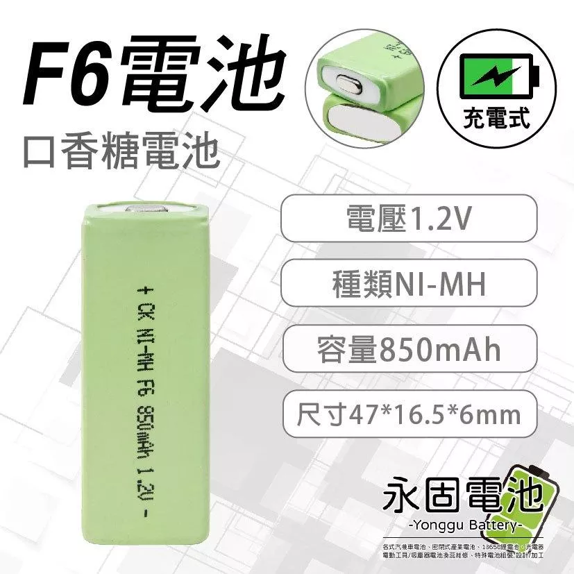 「永固電池」口香糖電池 方形鎳氫電池 F6 1.2V 850mAh MP3 隨身聽 充電式