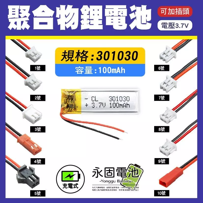 「永固電池」聚合物 301030 鋰電池 3.7V 可充電 藍芽耳機 行車紀錄器 聚合物鋰電池 大容量 可加插頭