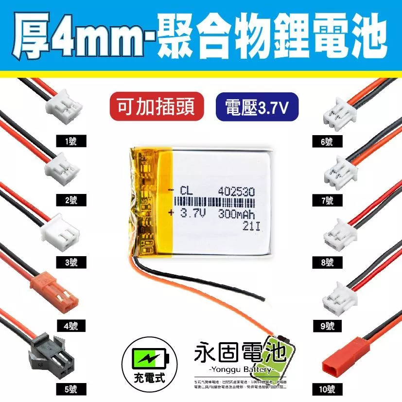 「永固電池」聚合物 鋰電池 3.7V 厚度4mm 可充電 藍芽耳機 行車紀錄器 閃光燈 聚合物鋰電池 大容量 可加插頭