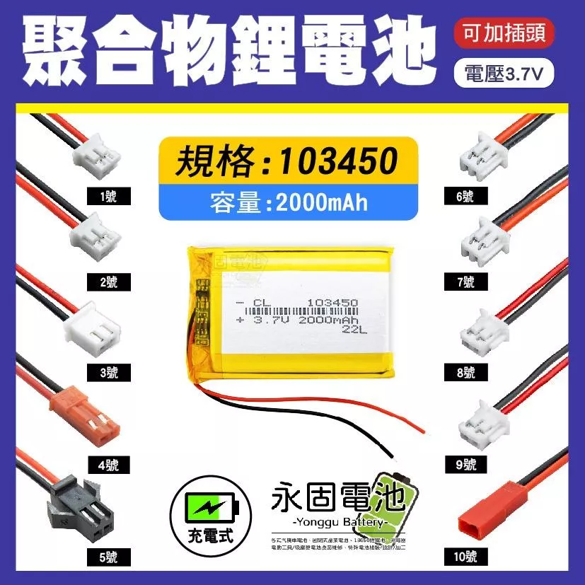 「永固電池」聚合物 103450 鋰電池 3.7V 可充電 藍芽耳機 行車紀錄器 聚合物鋰電池 大容量 可加插頭