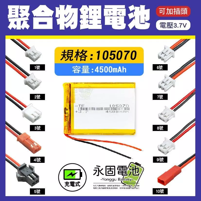 「永固電池」聚合物 105070 鋰電池 3.7V 可充電 藍芽耳機 行車紀錄器 聚合物鋰電池 大容量 可加插頭