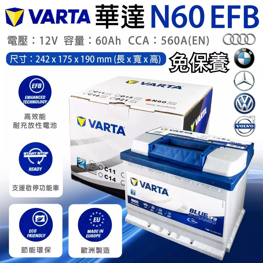「永固電池」 華達VARTA N60 12V60Ah 560A(EN) EFB 歐洲製造 免保養 汽車電瓶