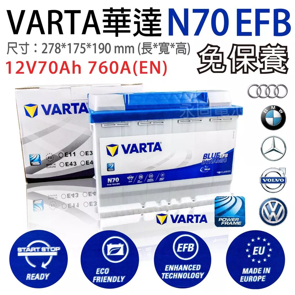 「永固電池」 華達VARTA N70 12V70Ah 760A(EN) EFB 歐洲製造 免保養 汽車電瓶