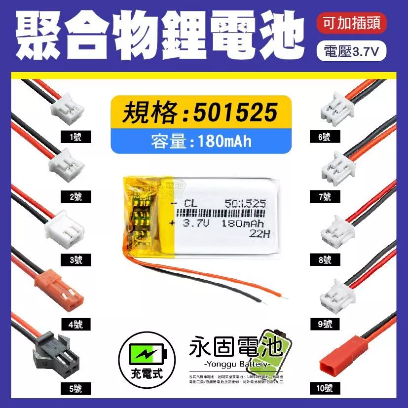 「永固電池」聚合物 501525 鋰電池 3.7V 可充電 藍芽耳機 行車紀錄器 聚合物鋰電池 大容量 可加插頭