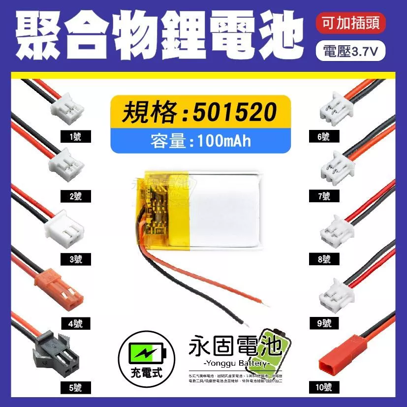 「永固電池」聚合物 501520 鋰電池 3.7V 可充電 藍芽耳機 行車紀錄器 聚合物鋰電池 大容量 可加插頭