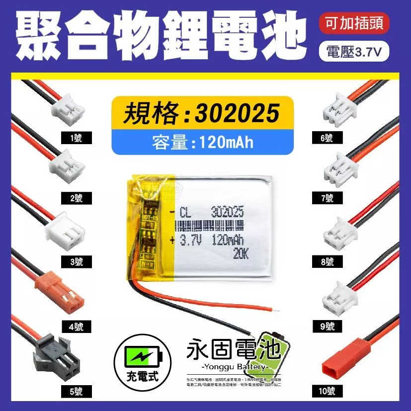 「永固電池」聚合物 302025 鋰電池 3.7V 可充電 藍芽耳機 行車紀錄器 聚合物鋰電池 大容量 可加插頭