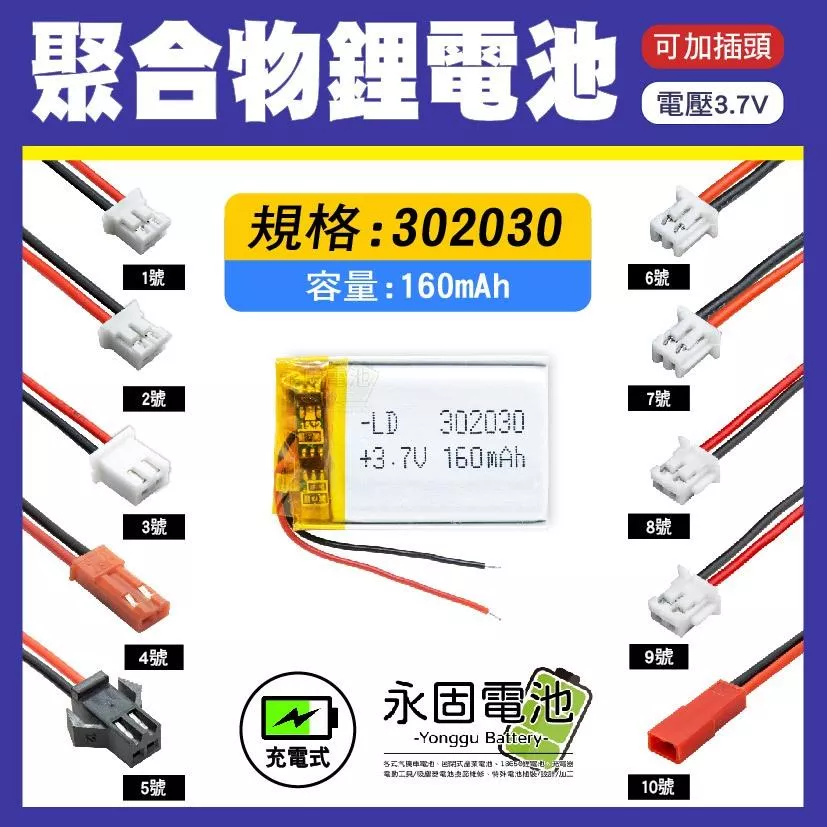 「永固電池」聚合物 302030 鋰電池 3.7V 可充電 藍芽耳機 行車紀錄器 聚合物鋰電池 大容量 可加插頭