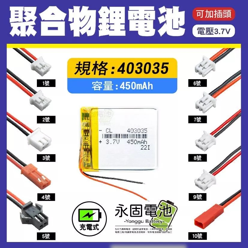「永固電池」聚合物 403035 鋰電池 3.7V 可充電 藍芽耳機 行車紀錄器 聚合物鋰電池 大容量 可加插頭