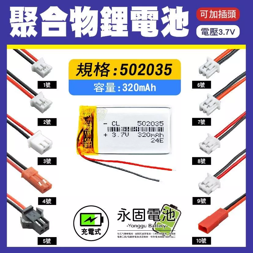 「永固電池」聚合物 502035 鋰電池 3.7V 可充電 藍芽耳機 行車紀錄器 聚合物鋰電池 大容量 可加插頭