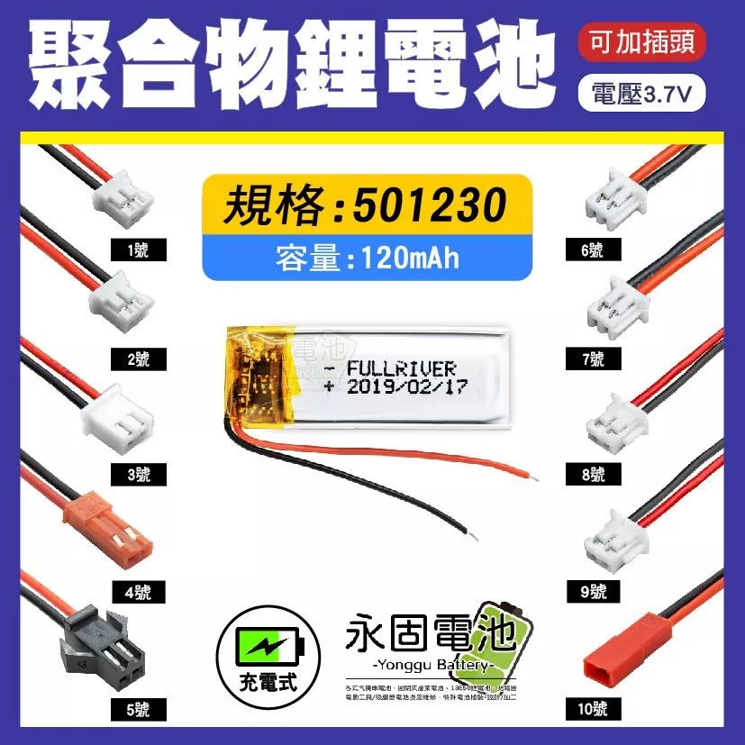 「永固電池」聚合物 501230 鋰電池 3.7V 可充電 藍芽耳機 行車紀錄器 聚合物鋰電池 大容量 可加插頭