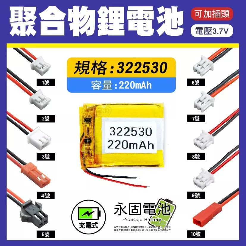 「永固電池」聚合物 322530 鋰電池 3.7V 可充電 藍芽耳機 行車紀錄器 聚合物鋰電池 大容量 可加插頭