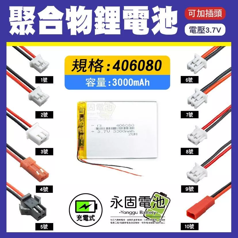 「永固電池」聚合物 406080 鋰電池 3.7V 可充電 藍芽耳機 行車紀錄器 聚合物鋰電池 大容量 可加插頭
