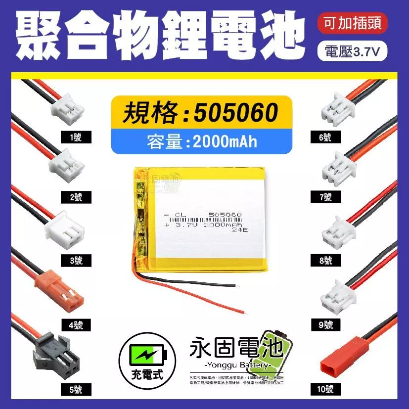 「永固電池」聚合物 505060 鋰電池 3.7V 可充電 藍芽耳機 行車紀錄器 聚合物鋰電池 大容量 可加插頭