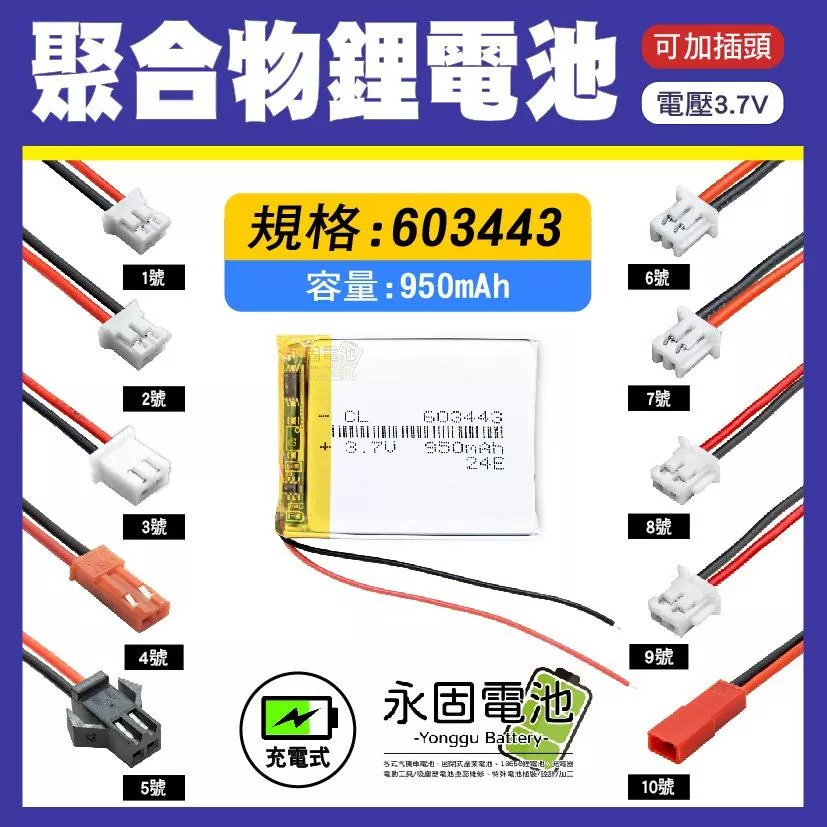 「永固電池」聚合物 603443 鋰電池 3.7V 可充電 藍芽耳機 行車紀錄器 聚合物鋰電池 大容量 可加插頭